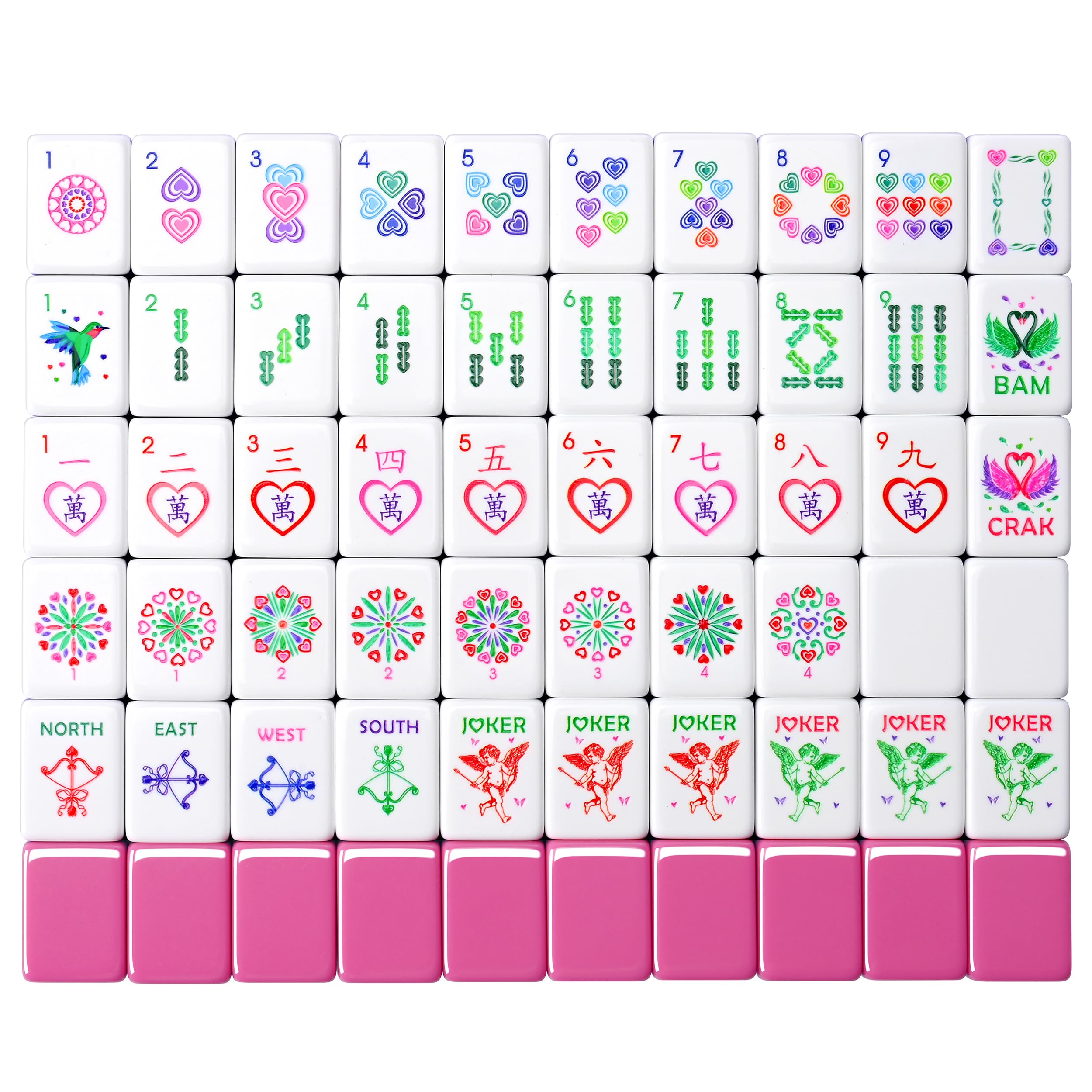 American Heart Shaped Mahjong Set - 160 Premium Acrylic Tiles, 4-Layer Heart Design, 4 All-in-One Racks & Pushers, 100 Chips, 3 Golden Dice, Vintage Leather Travel Case