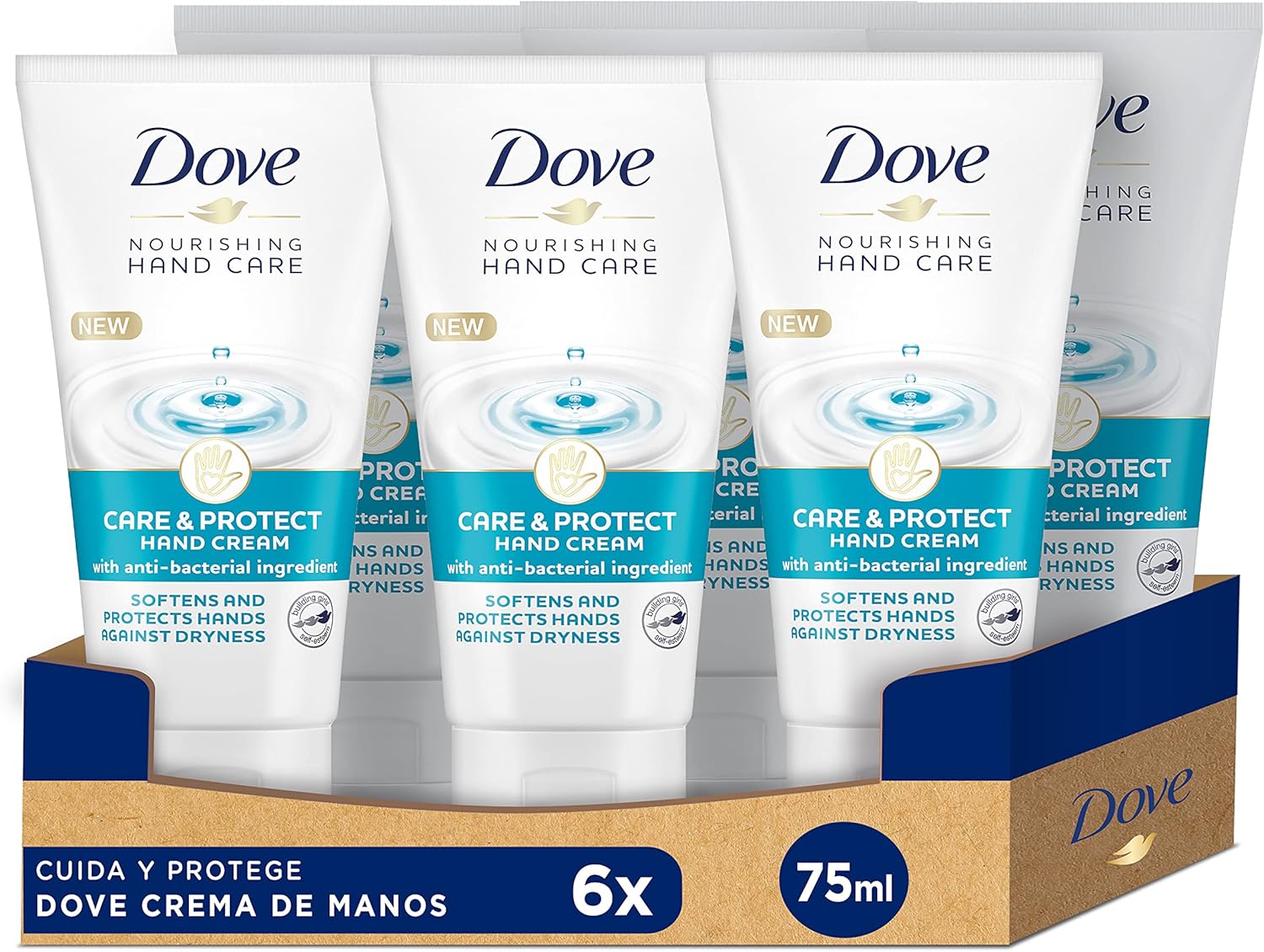 Dove Crema Hidratante de Manos Cuida y Protege con Ingredientes Antibacterianos para Piel Normal a Seca, Pack de 6 x 75 ml