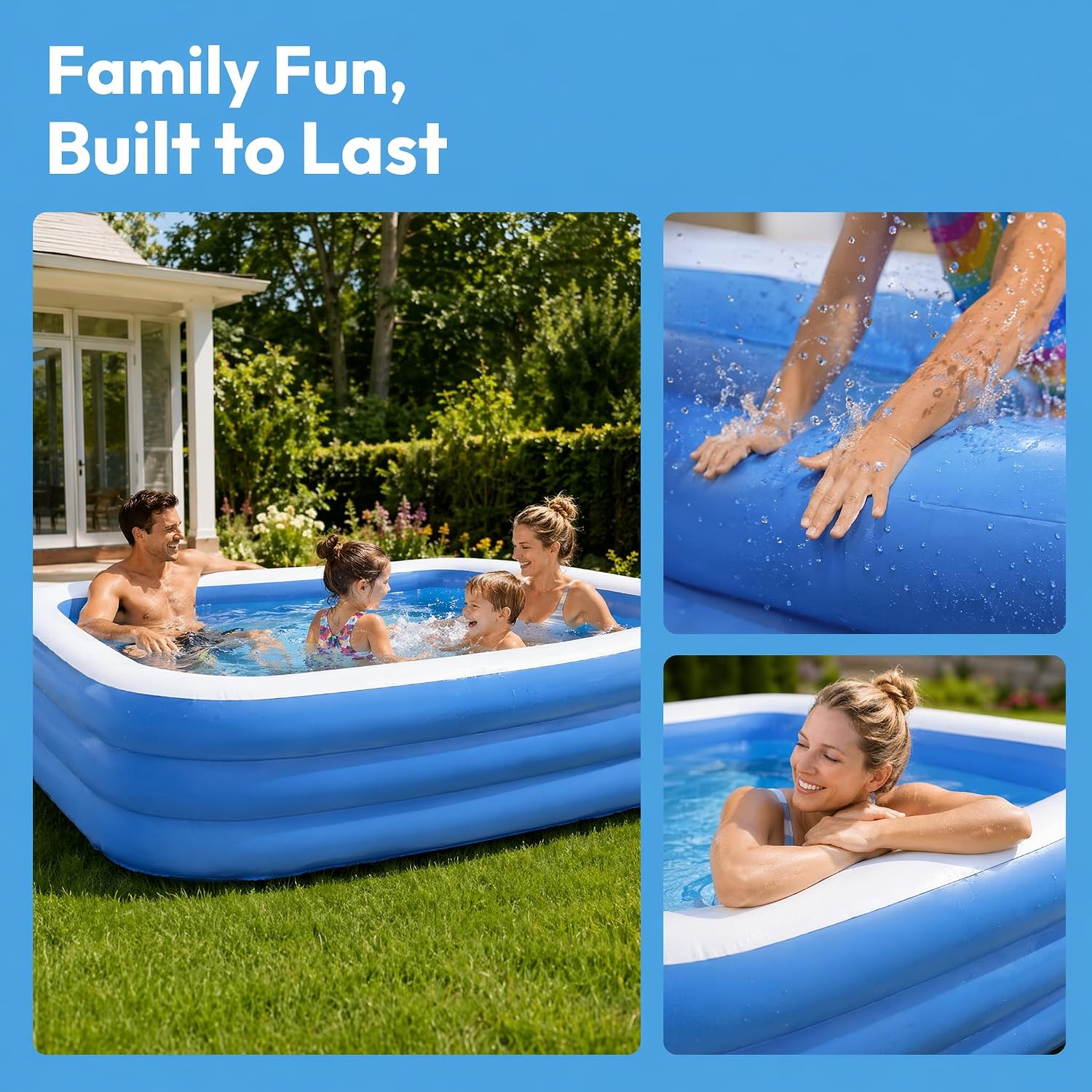 Title Inflatable Swimming Pool for Adults and Kids 112"×65"×20", Thickened PVC Blow Up Family Pool with Electric Pump, 3 Air Chambers, Outdoor Backyard Garden Summer