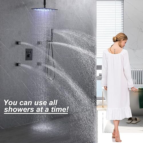 Miniatura 2 de Sistema de chorros de ducha de latón con cabezal de ducha de lluvia de techo de 12 pulgadas y mano (puede funcionar todos juntos), juego combinado