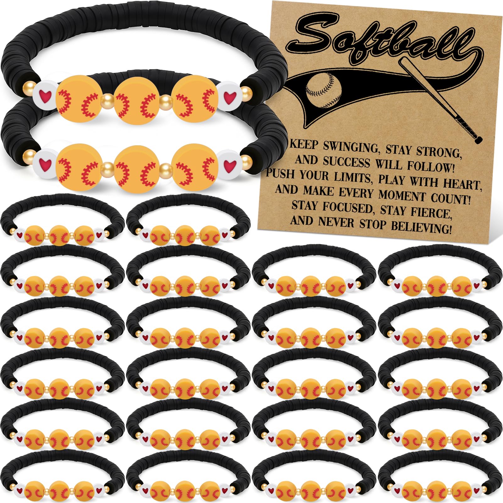 TMKEFFC 24 PCS Softball Bracelets Team Gifts – Adjustable Bead Charm Bracelets with Motivational Cards for Softball Players, Team Party Favors, Sport Birthday Goodie Bag Bulk Supplies