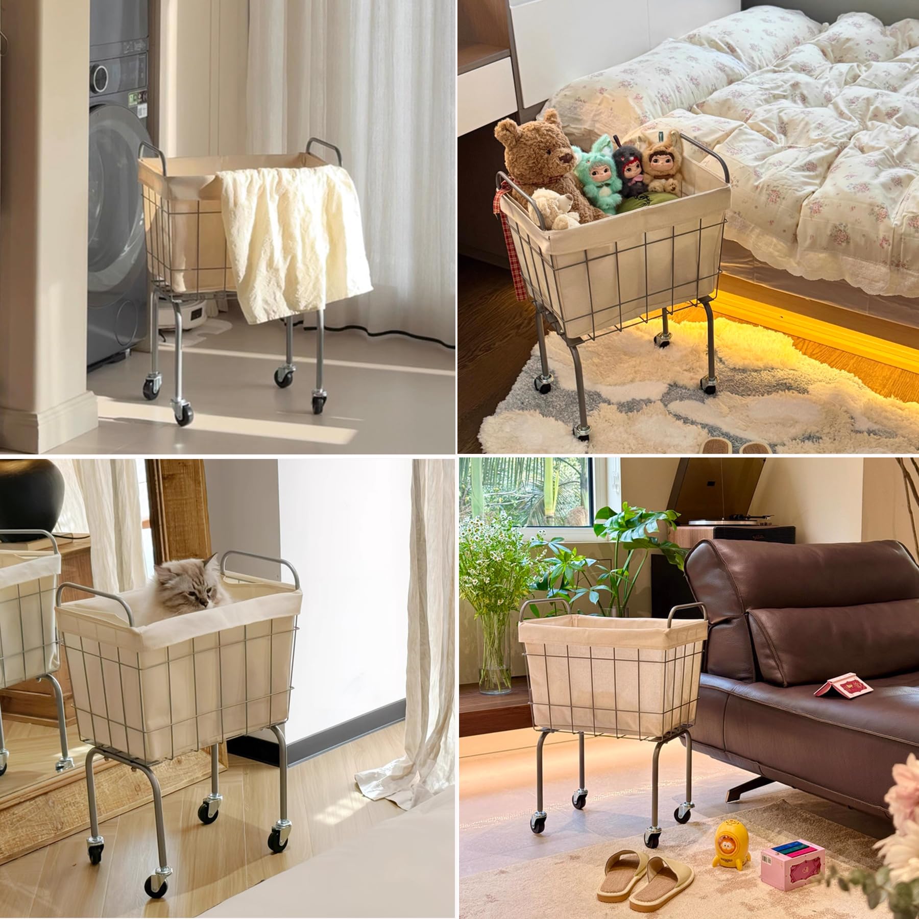 Wasmand met wielen en 2 vakken, wasmand, wasverzamelaar, waswagen met