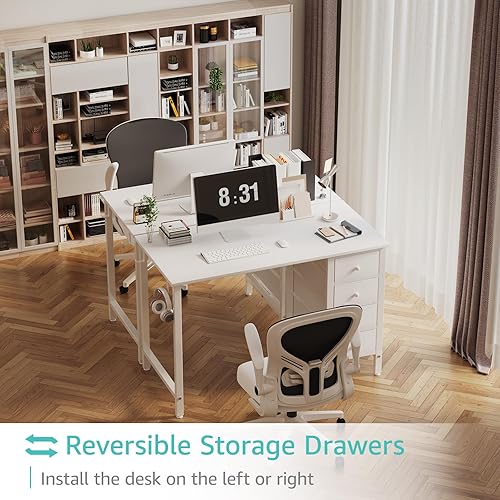 Miniatura 4 de Lufeiya Escritorio pequeño blanco con cajones, de 40 pulgadas, para niños, niñas, adolescentes, lindo escritorio de estudio para dormitorio,