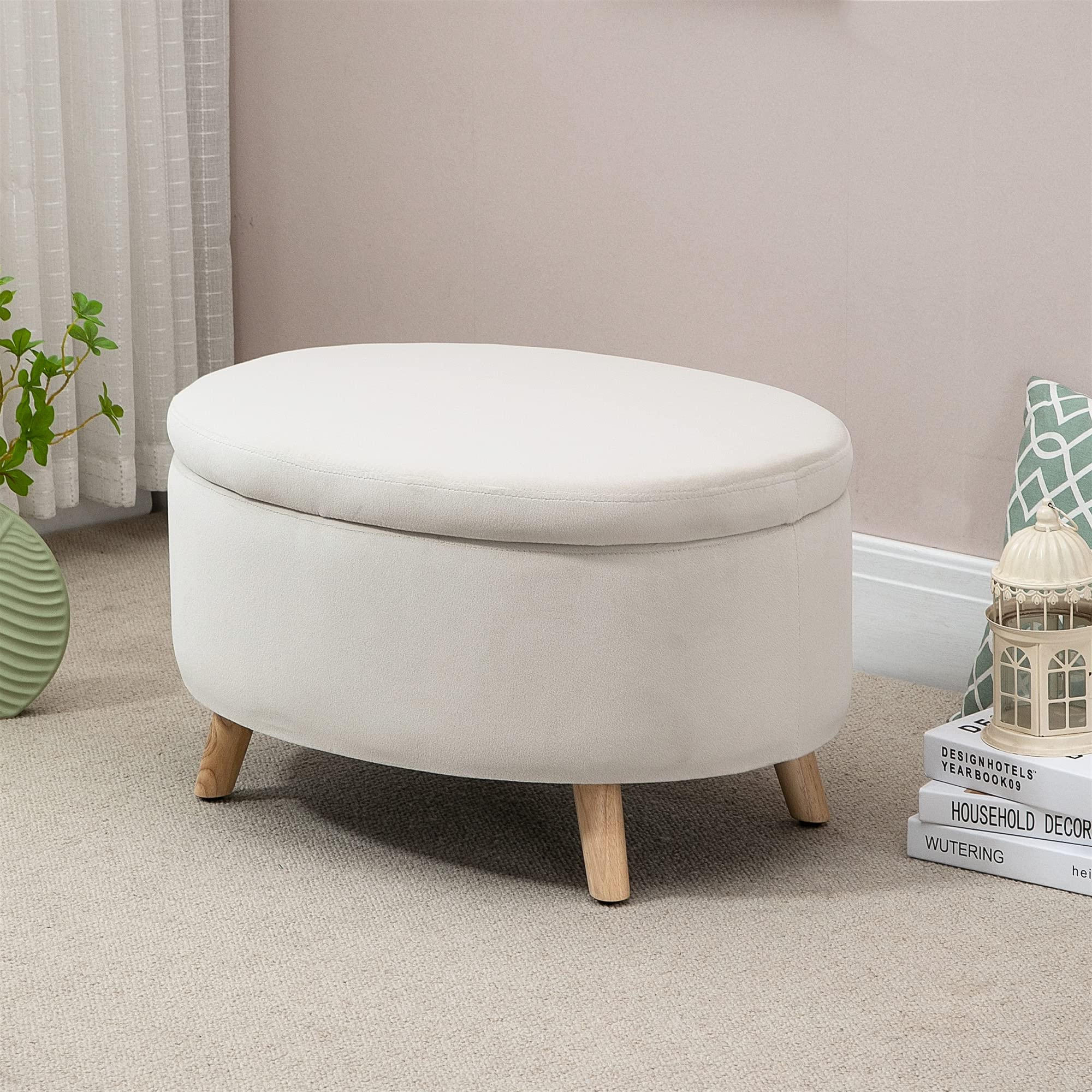 HOMCOM Puff Almacenaje Ovalado, Banco Almacenaje, 71x51,5x42 cm, Tapizado en Terciopelo, con Patas de Madera Maciza, Carga 120 kg, para Sala de Estar, Dormitorio, Entrada, Beige
