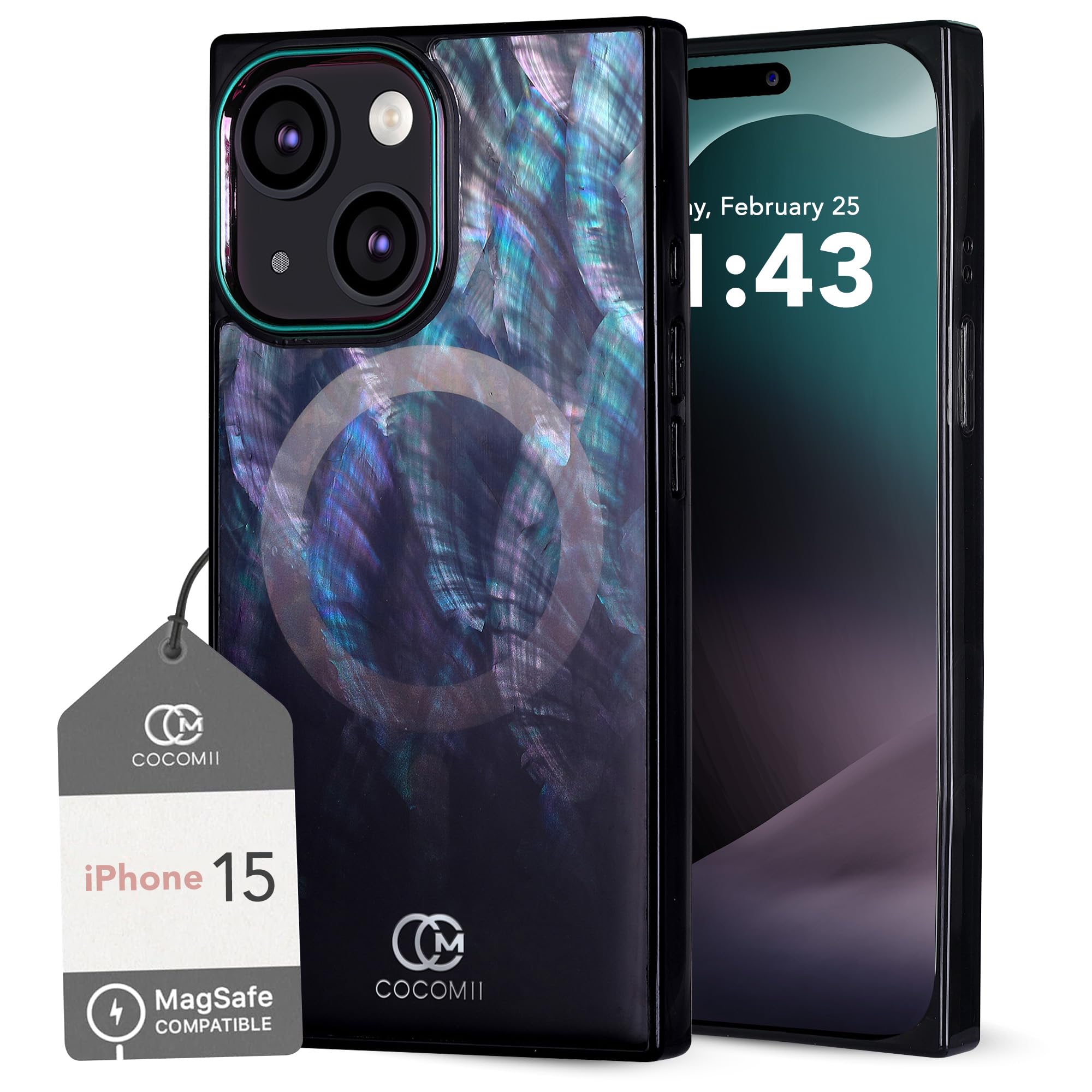 Cocomii - Rectangle Case Compatible with iPhone 15 - Compatible with MagSafe, Real Mother of Pearl, Opalescent Seashell, Glossy, Magnetic Phone Case