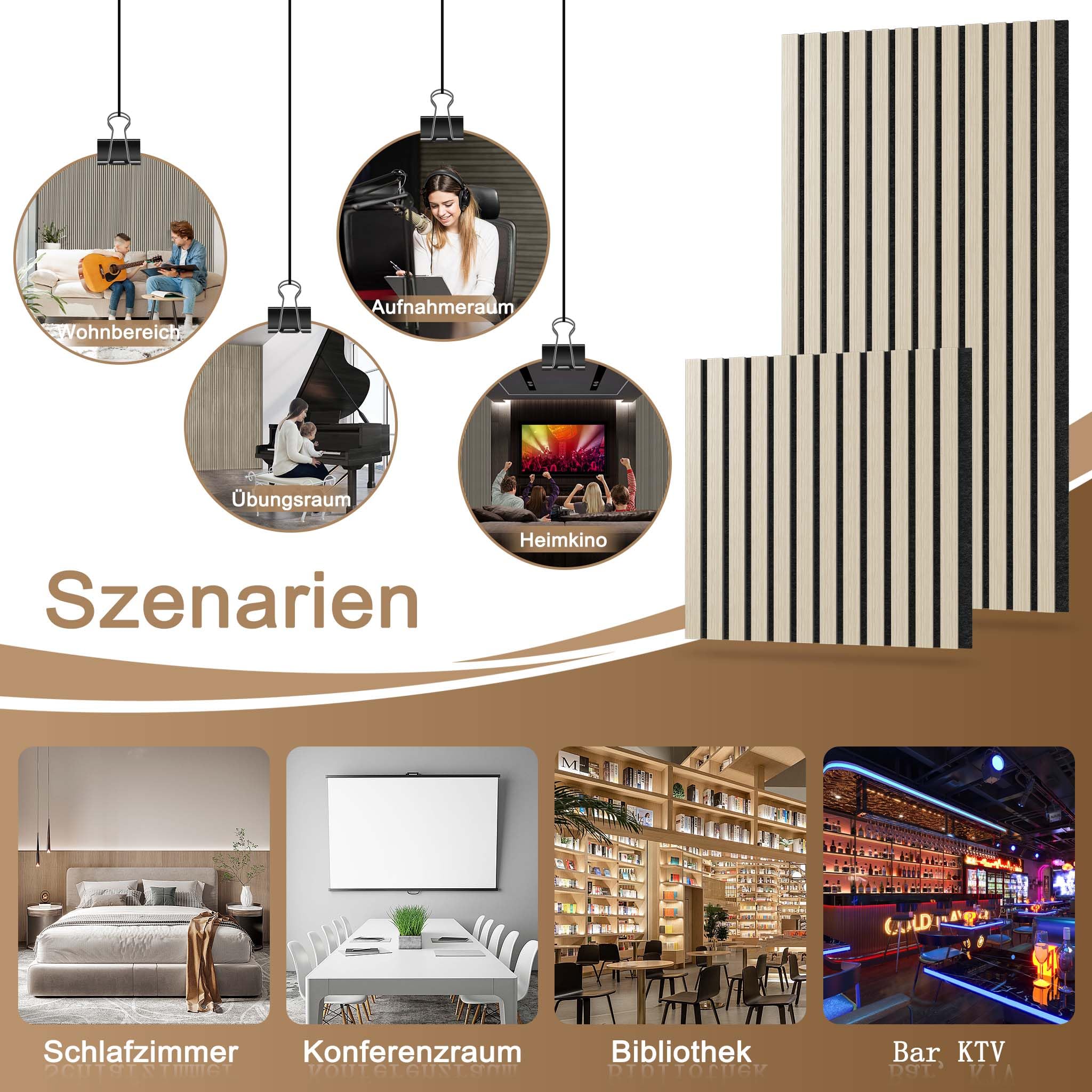 HENGMEI Panele akustyczne, drewno, 4 zestaw, panele ścienne z drewna, izolacja akustyczna z fornirem drewnianym i filcem, okładzina ścienna, wygląd drewna, tłumiące dźwięki, płyty wygłuszające, 120 x