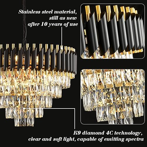 Miniatura 5 de Candelabro moderno de cristal negro y dorado, lámpara colgante redonda de 5 niveles, lámpara de techo empotrada para comedor, sala de estar,