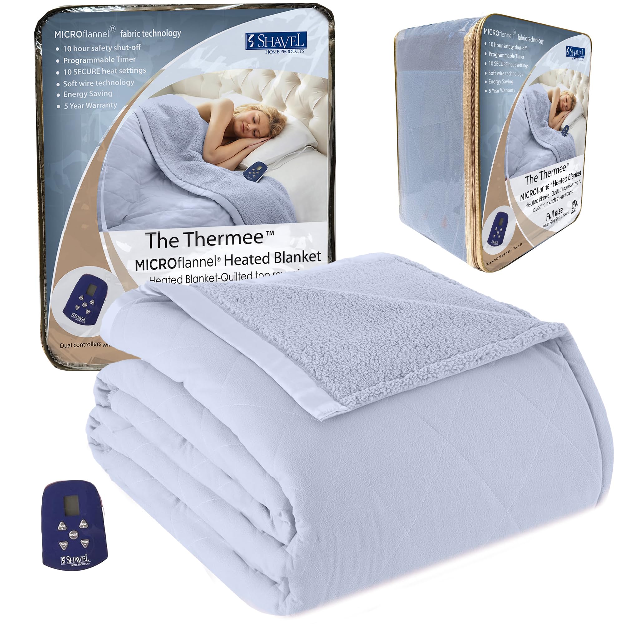 Thermee Micro Flannel Heated Blanket with Sherpa back, 10-Setting Electric Blanket Twin Size, Programmable Heating Blanket, Ultra-Soft Heated Throw Blanket, Fast Heating Thermal Blanket -English Blue