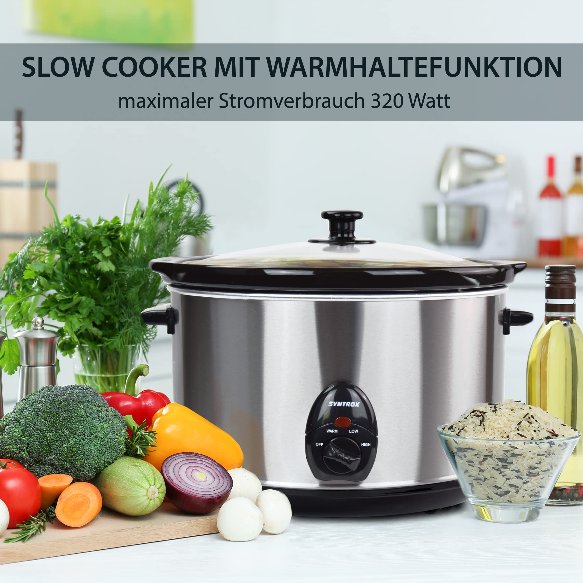 Syntrox Germany Slow Cooker Schongarer 5,6 Liter mit Warmhaltefunktion, Glasdeckel und robuster Keramikschüssel 320 Watt