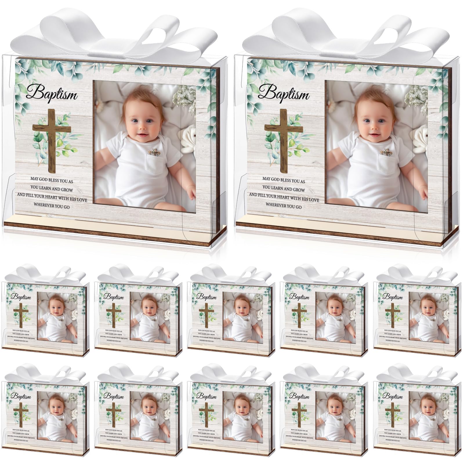 Vercraft Bilderrahmen zur Taufe, katholische Taufgeschenke, Holz-Bilderrahmen, Babyparty, Gastgeschenk mit transparenten Kunststoffboxen und Satinband-Schleifen für religiöse Erstkommunion, 12 Stück