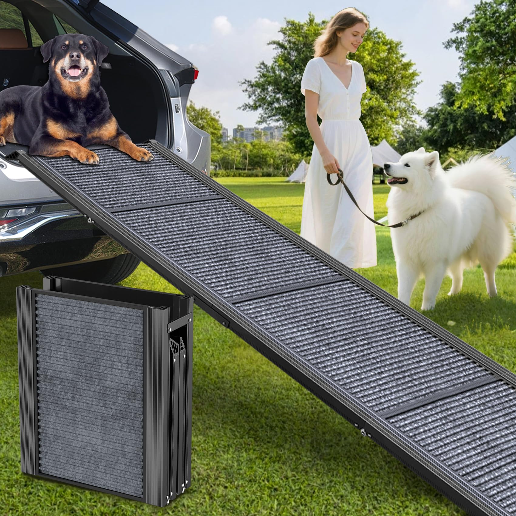 71" X-Long & 20" Wider Folding Dog Ramps for Car Portable Sturdy Dog Ramps for Large Dogs with Non-Slip Rug Surface Dog Car Ramp for SUV Car & Truck, Outdoor Dog Ramp Up to 270LBS