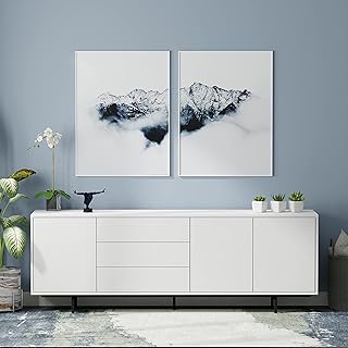 Glenwillow Home Atlas 78" x 28" Highboy Modern TV Stand Cabinet and Sideboard - White Frame, White Door/Drawers, Black Base