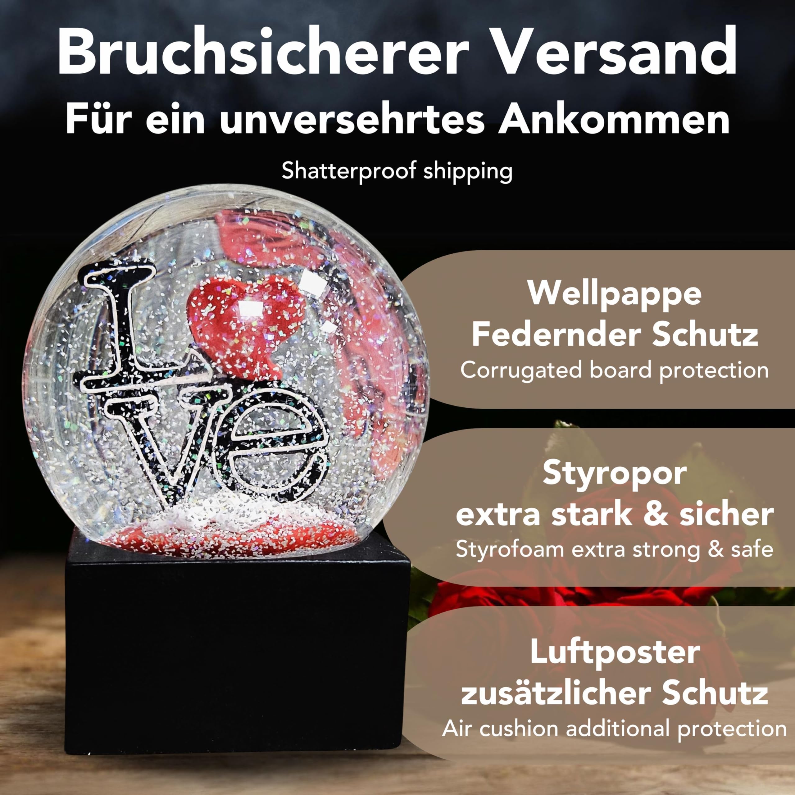 Boule à neige Love avec cœur - Inscription Love sur socle noir - Boule à secouer en verre - Hauteur : 12 cm - Largeur : 10 cm - Cadeau pour la Saint-Valentin, la fête des partenaires - 10015