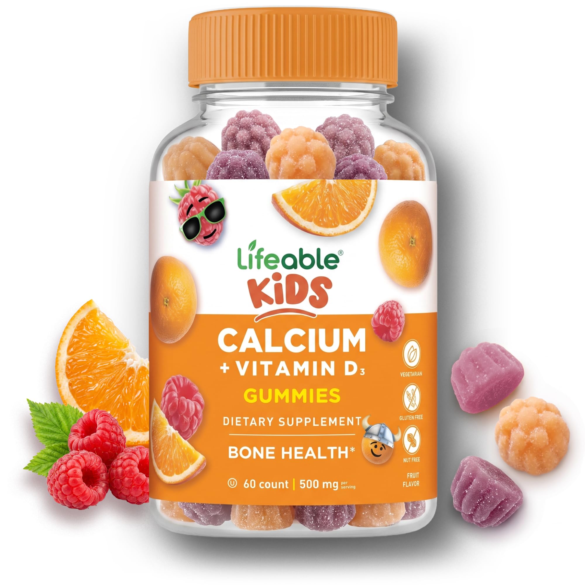 Lifeable Kids Calcium Gummies with Vitamin D3 | 500 mg Calcium with Vitamin D3 1000 IU | Great Tasting Calcium Supplement for Kids | for Bone Health and Teeth Growth | 60 Gummies 60 Count (Pack of 1)