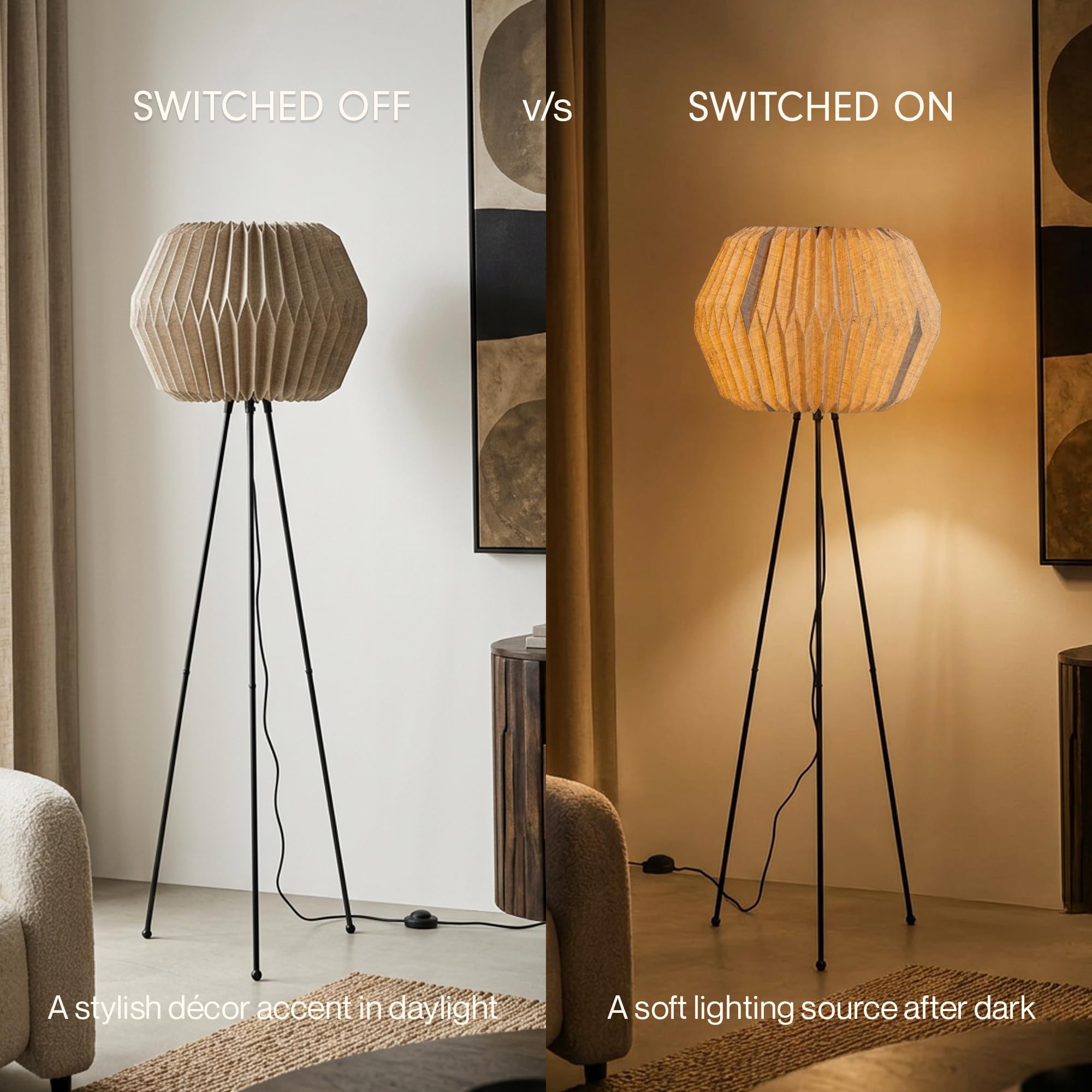 FIG Living Lifo Linen Floor Lamp for Living Room Decoration, Bedroom & Home Decor | 120 cm Tall Lamp | Origami-Inspired Lampshade | Knock-Down Tripod Stand (Bulb not Included) 2