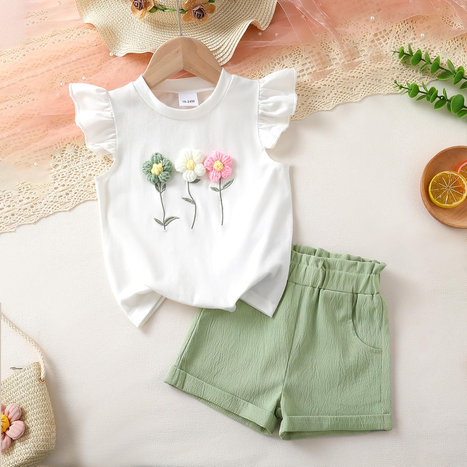 Toddler Baby Girl Summer Outfit Flutter Sleeve Floral T-shirt Top + Chiffon Shorts 2Pcs Set