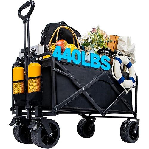 Collapsible Foldable Wagon, Heavy Duty Folding Utility Garden Cart Wagon for Sports, Camping, Garden, and Shopping, Black