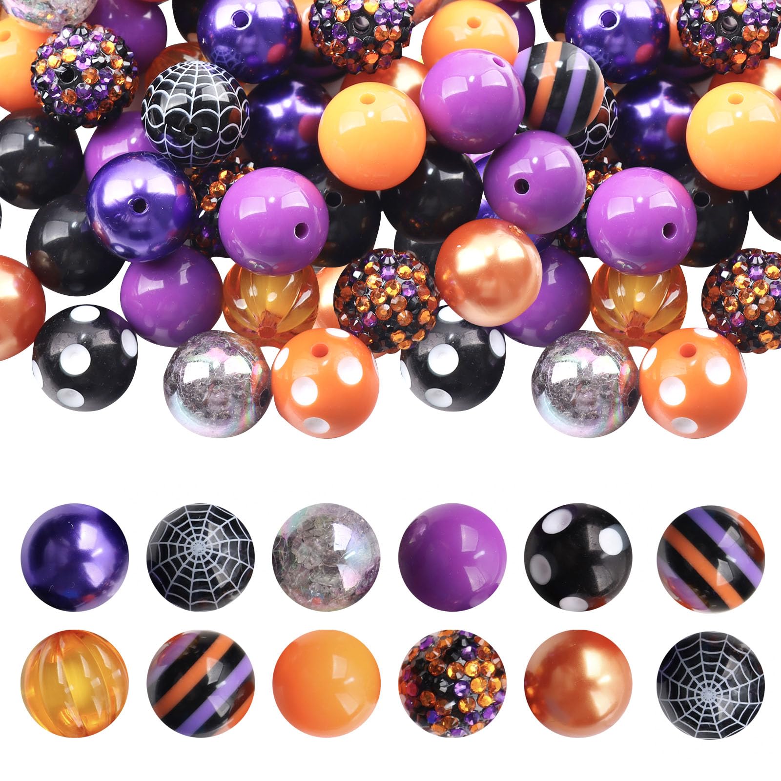 50 PCS Halloween Bubblegum Beads 20mm Acrylic Round Craft Beads for Jewelry Farmhouse Spacer Bead with Twine for Halloween DIY Crafts (Orange Purple)