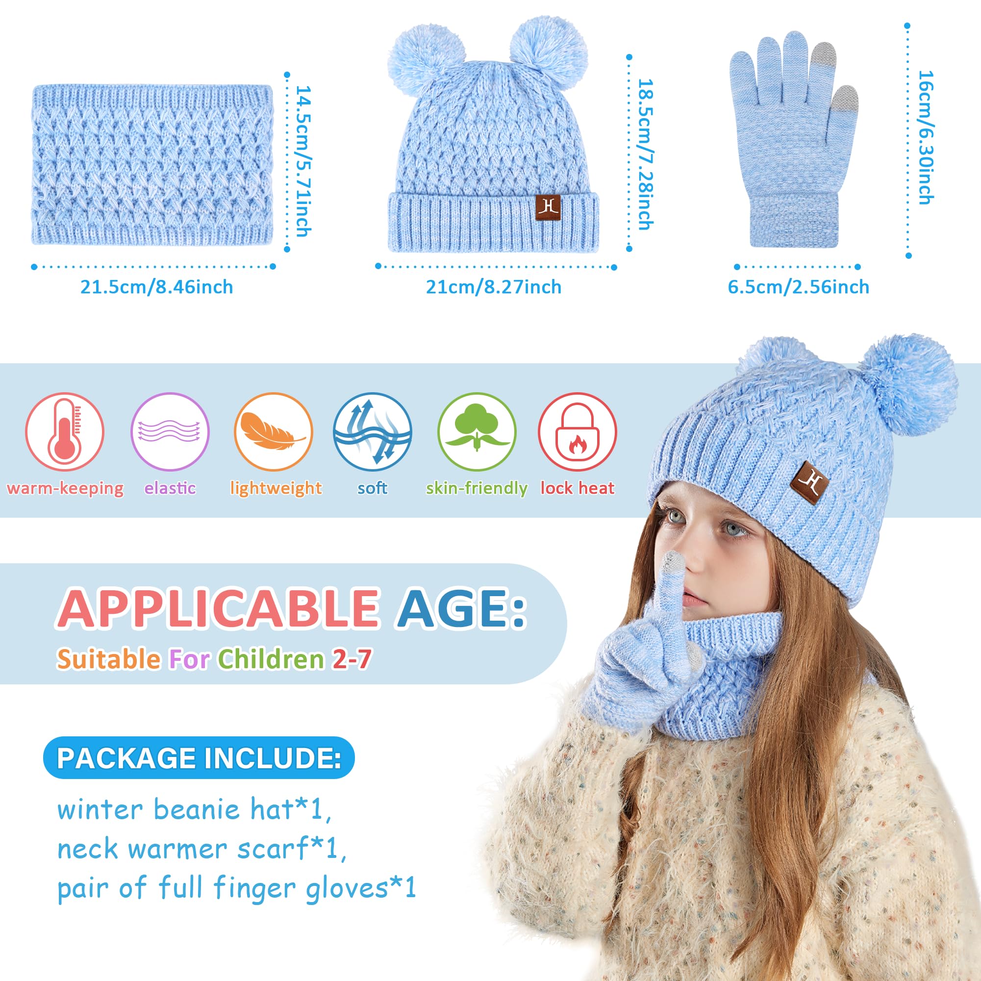 ZASFOU Niños Sombrero Invierno Bufanda Guantes Pantalla Táctil Set 2 3 4 5 6 7 Años Gorro Sombreros de Punto con Pompón Braga Cuello Guante Regalos para Niñas Niño