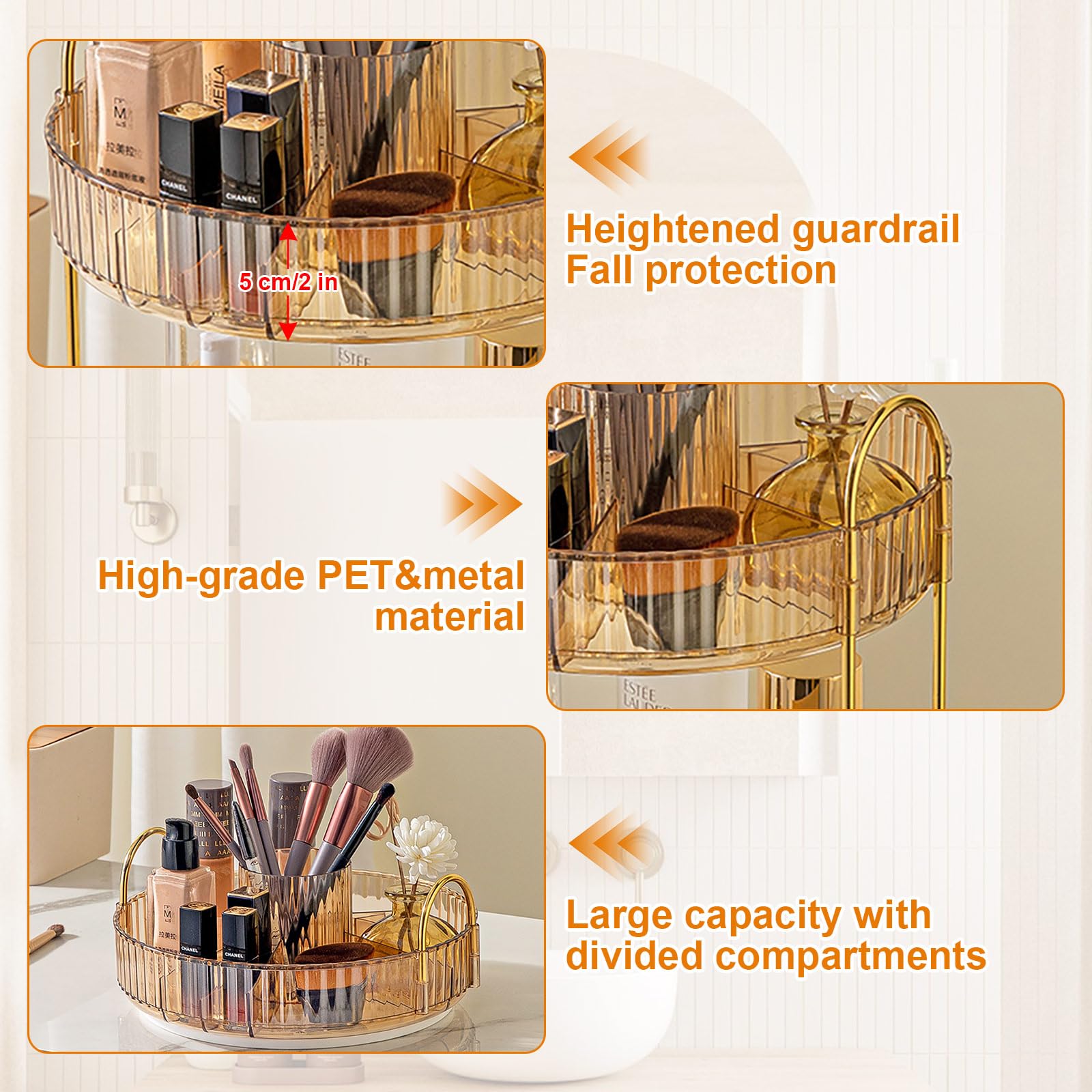 Organizador De Maquillaje: Soporte De Perfume Giratorio 360° De 3 Niveles, Organizador De Artículos De Tocador Y Belleza, para Tocador, Baño (Ámbar-A)