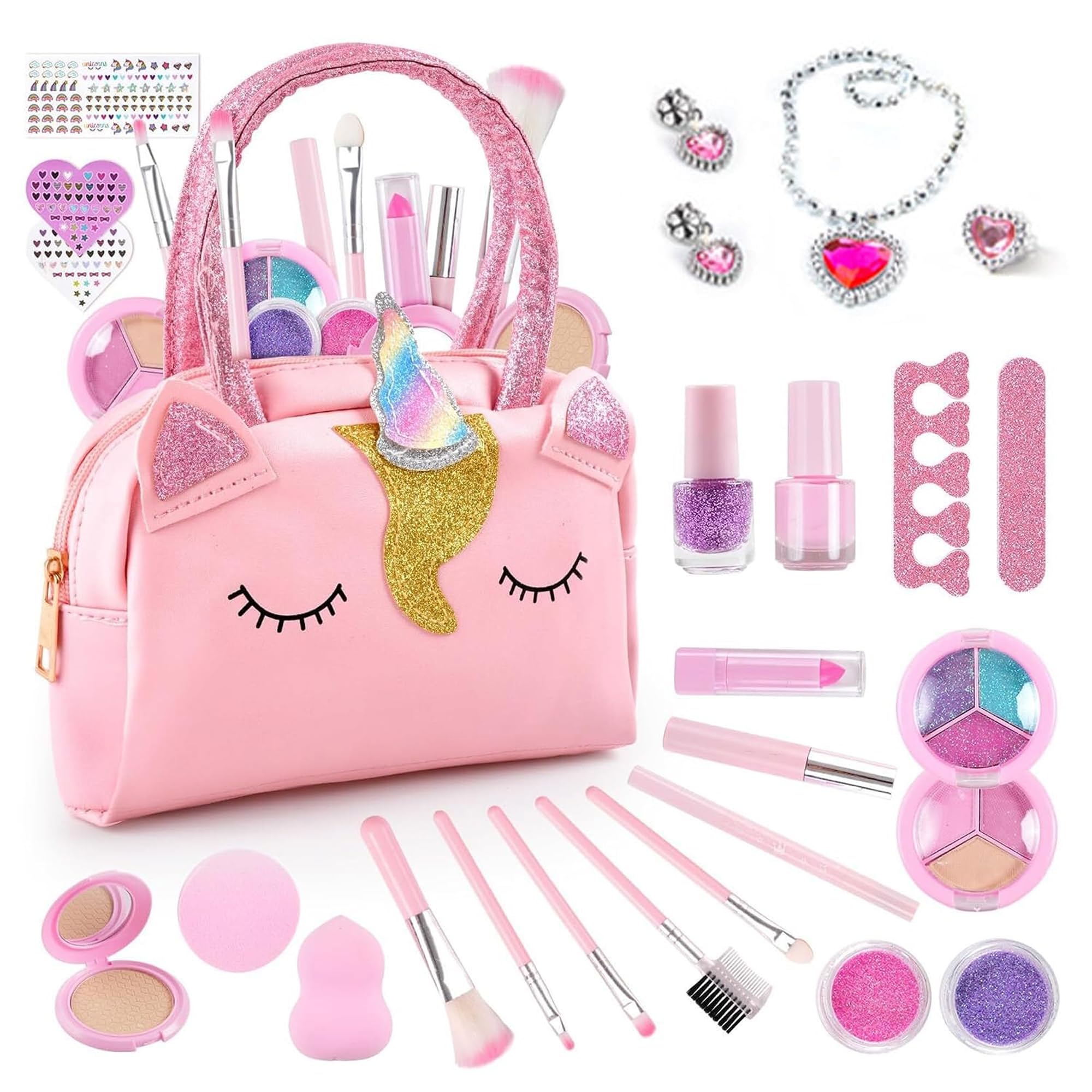 Kidology Kids Makeup Kit for Girls | Real Washable Makeup Set with Unicorn Makeup Bag, Beauty Accessories & Jewelry | Princess Role Play Toy | Birthday Gift for Girls