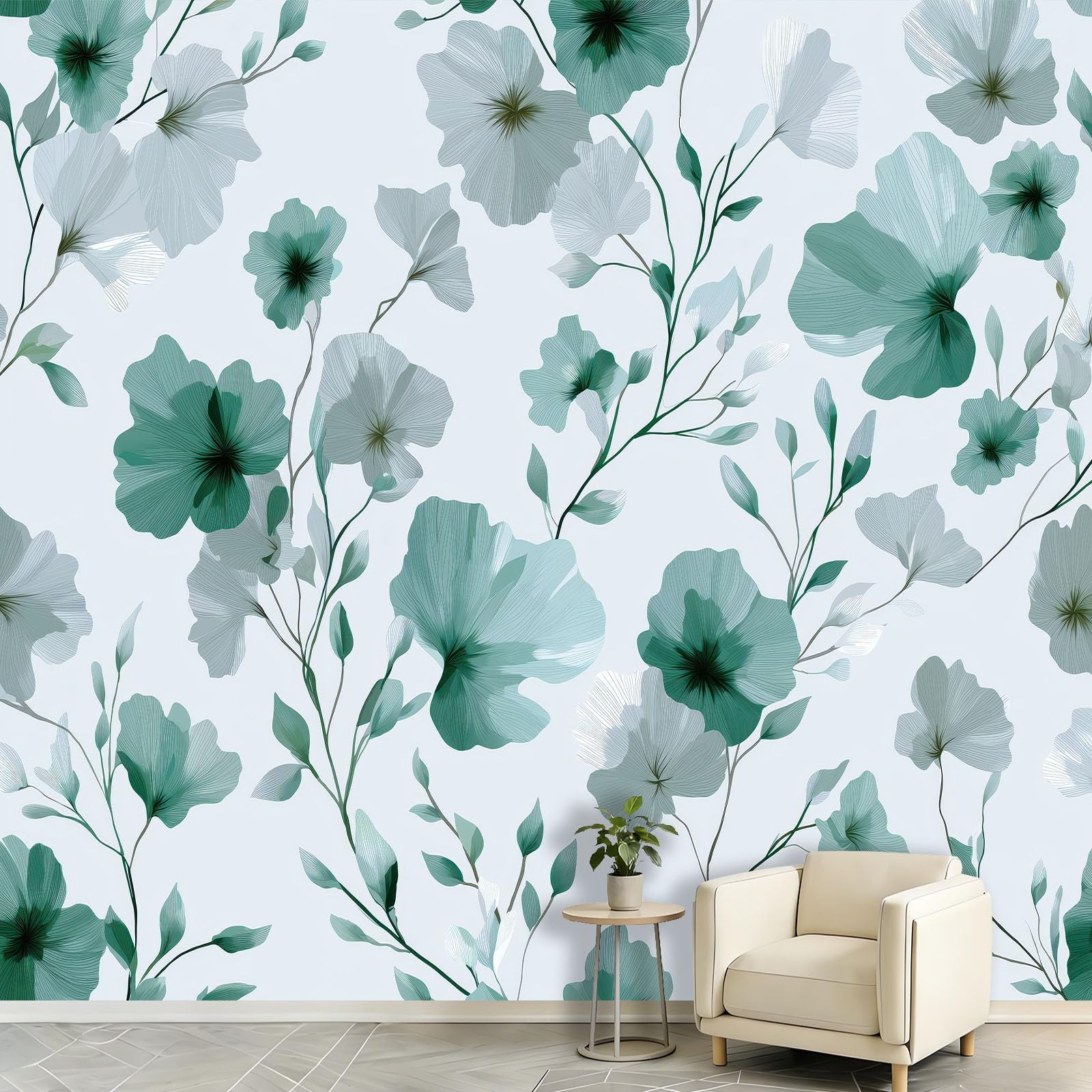 Carta da parati fotografica con motivo botanico scandinavo, 250 x 175 cm (larghezza x altezza), stampa artistica di alta qualità, decorazione per la casa, fai da te, fiori e foglie verdi, per bagno