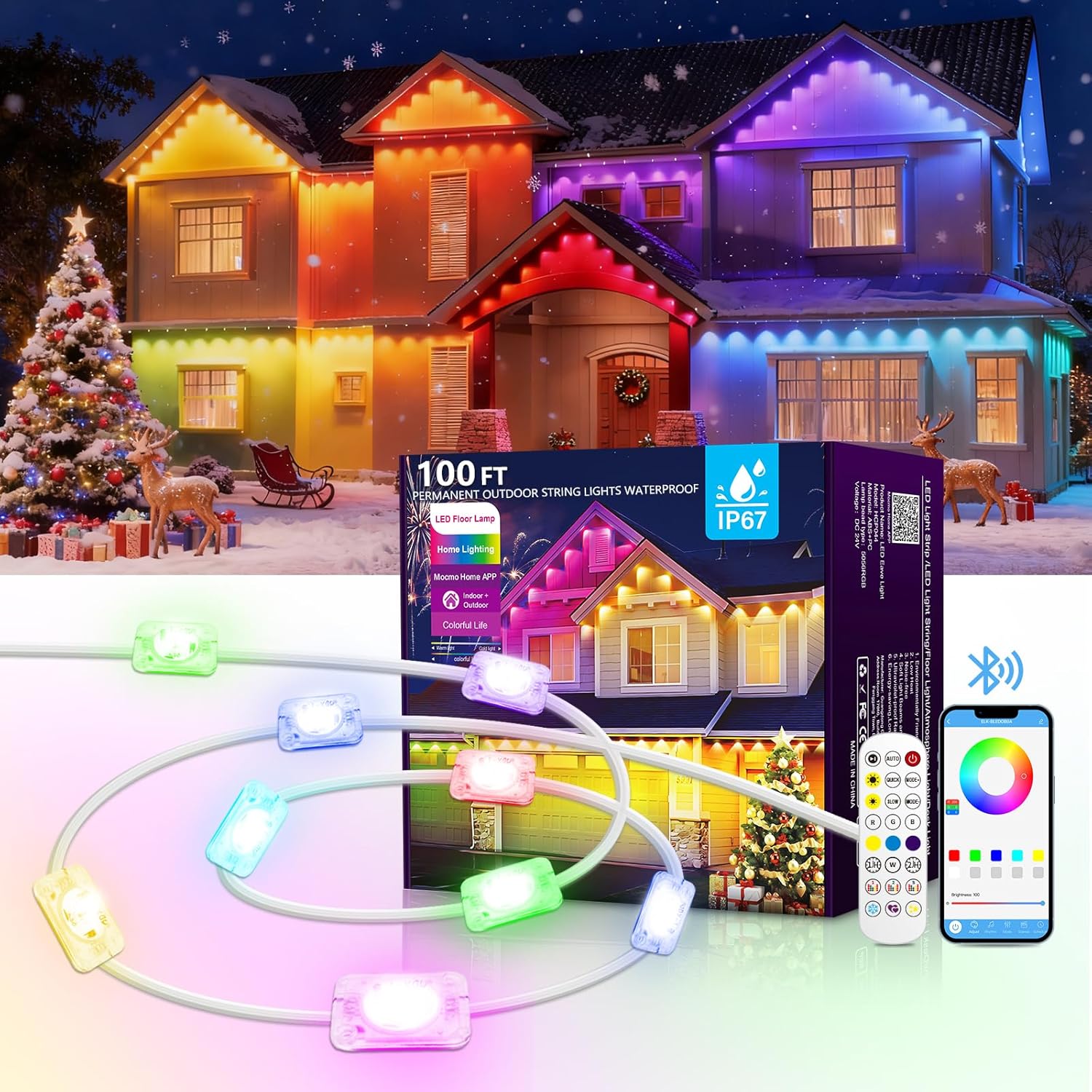 AHAWILL 100FT Christmas Permanent Outdoor Lights,RGB+IC Eaves Lights with App & Remote Control,DIY Multi-Color Scene Modes,IP67 Waterproof,Outdoor Strings for House,Holiday Decorations for Christmas