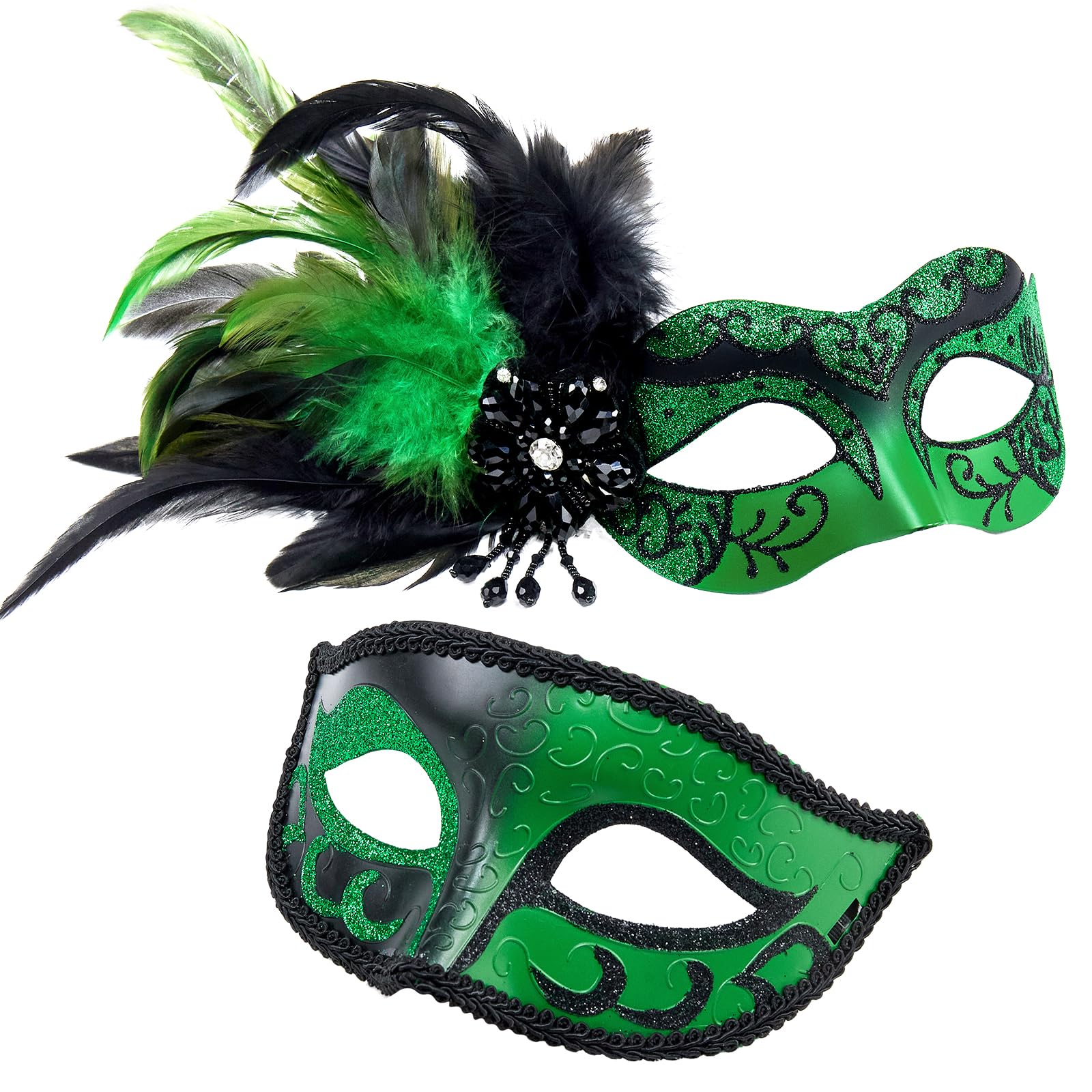 MYSEUNI 2024 New Green Masquerade Mask with Feathers