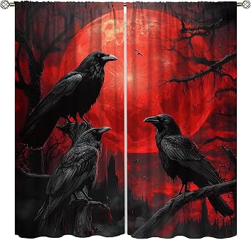 Gothic Crow Curtains Red Blood Moon Dark Foggy Forest Gloomy Crow Window Treatments for Kitchen Boys Kids Living Room Bedroom Teenagers Room 42x44.5InNo Blackout