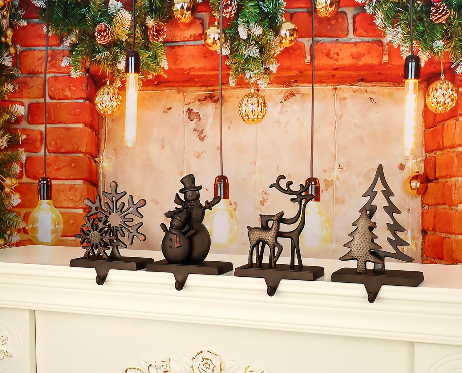 Set of 4 Christmas Stocking Holders, Uniquely Designed Xmas Fireplace Hooks Mantel Hooks Christmas Safety Hang Grip Stockings Clip for Christmas Party Decoration (Black Stocking Hangers)