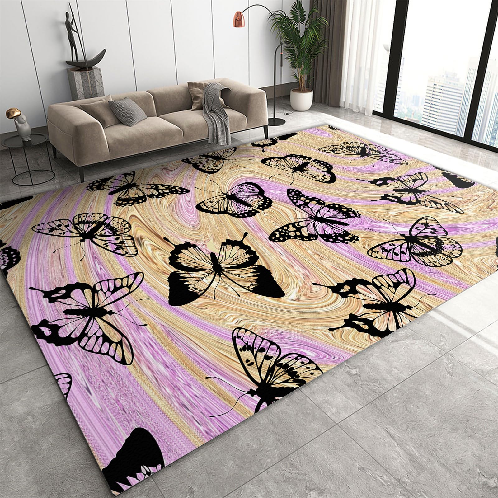 FIEMAR Area Rug 60x110cm Modern Area Rugs for Bedroom, Irregular Quicksand Swirl Butterfly Print Carpet, Indoor Carpets Machine Washable Non Shedding Kid and Pet-Friendly for Entrance Bedside Chair