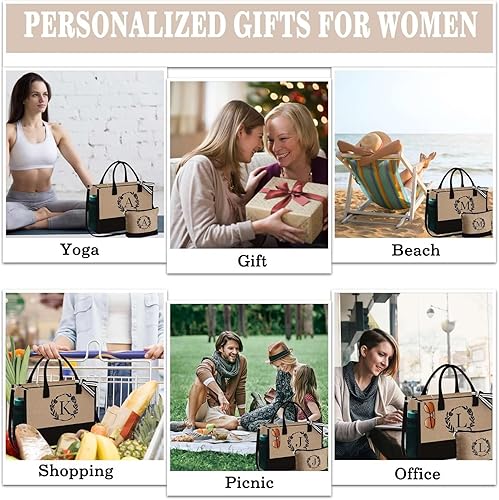 Miniatura 8 de YOOLIFE Regalos para mujeres  Bolsa de yute con inicial y bolsa de maquillaje con bolsillo con cremallera, correa ajustable, regalos de cumpleaños