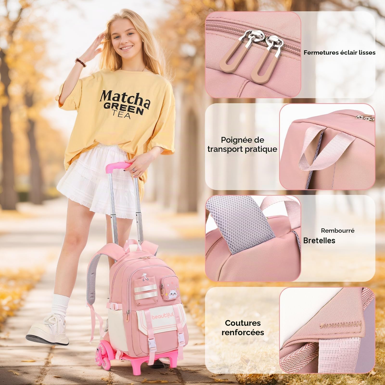 Amythe Cartable à Roulettes pour Filles 9 à 16 ans, 6 Roues 28L Rose