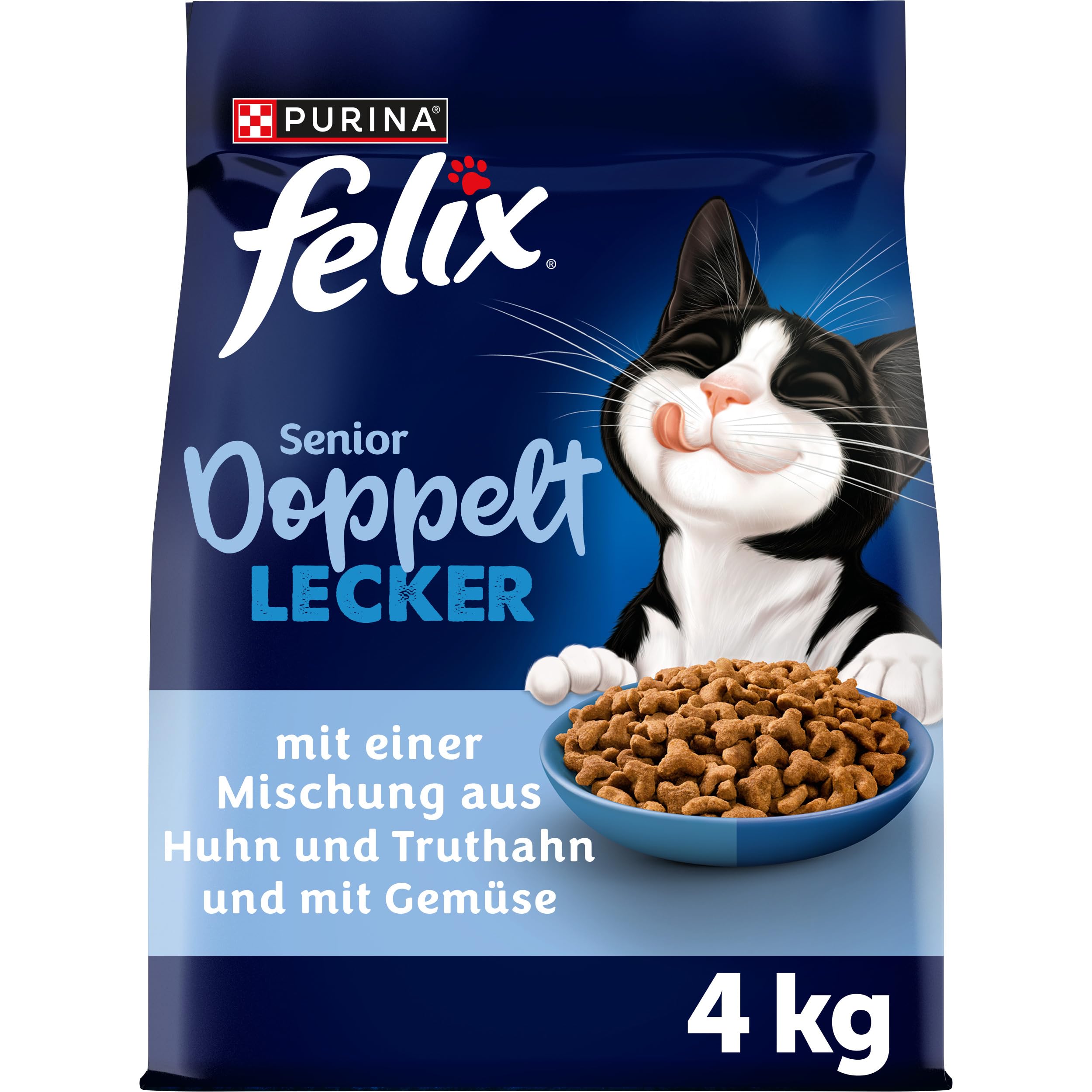 Felix Doppelt Lecker Senior 7+ Katzenfutter trocken, mit Huhn, Truthahn und Gemüse, 4er Pack (4 x 4Kg)