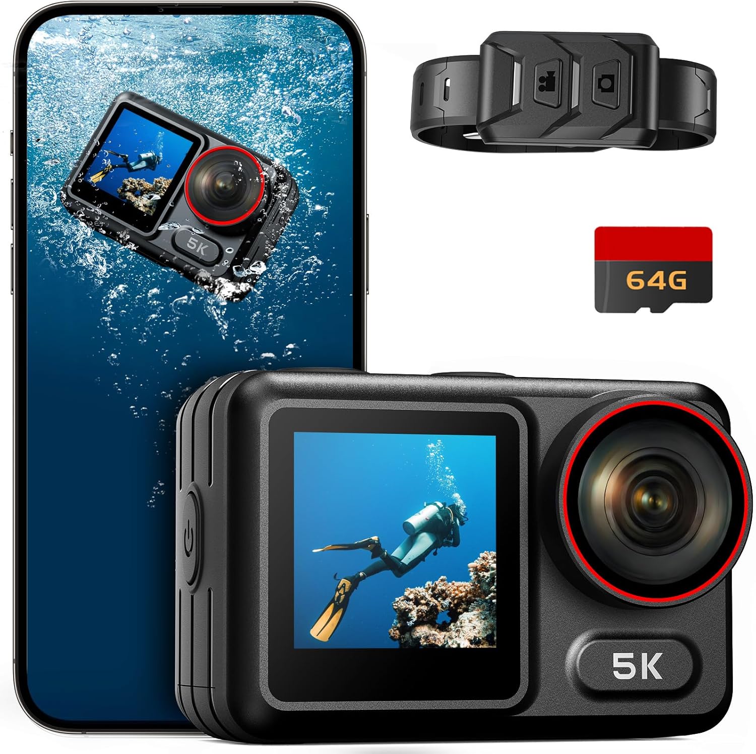 5K 30FPS 64MP Waterproof Action Camera with Front LCD