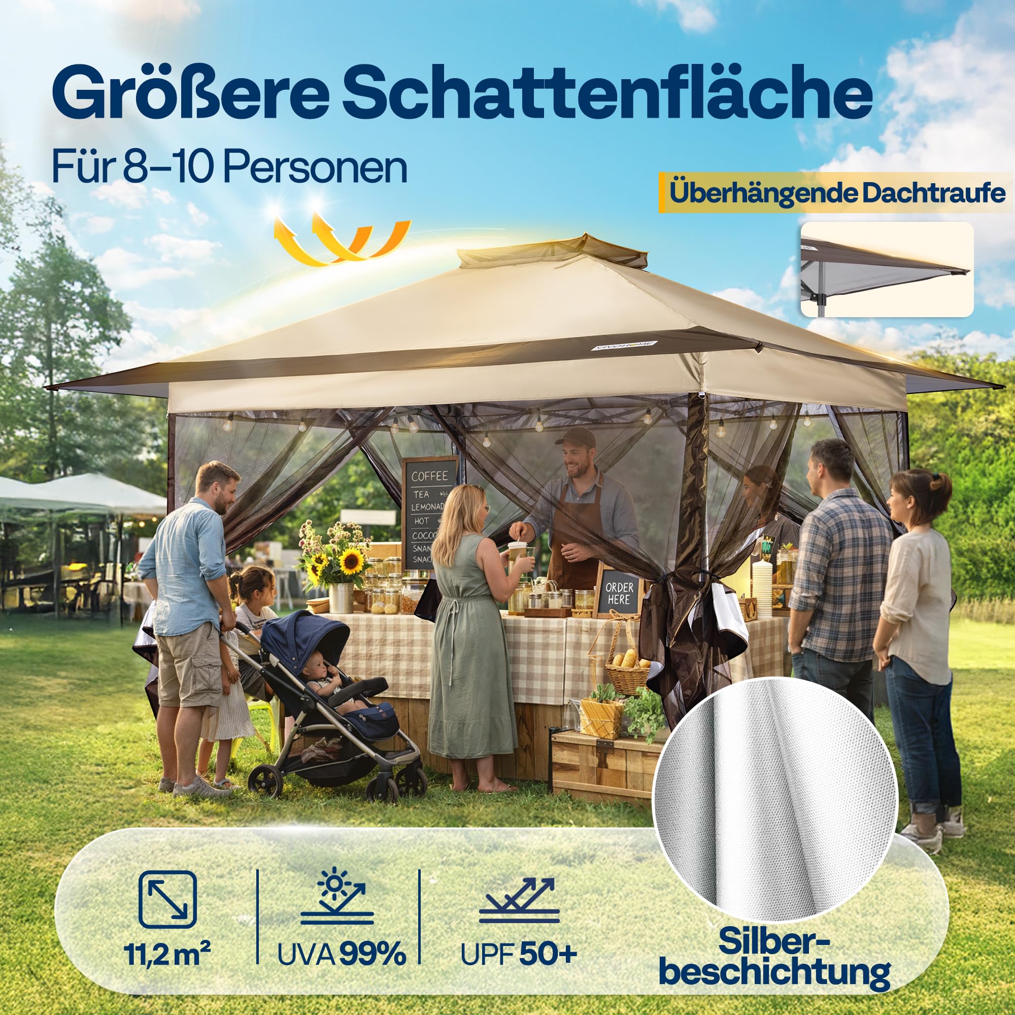 VIVOHOME Pavillon 3 x 3 m Zelt für Außenbereich wasserdicht mit Moskitonetz tragbare Rolltasche für Hof Camping Picknick Partys und Veranstaltungen