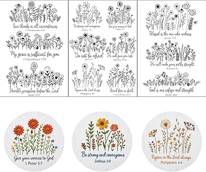 Water Soluble Stabilizer Embroidery Patterns - 3 Sheets Stick and Stitch Embroider Paper Wash Away 12 Pcs Pre-Printed Flowers and Christian Bible Pattern Transfers for Hand Sewing Lover Beginners