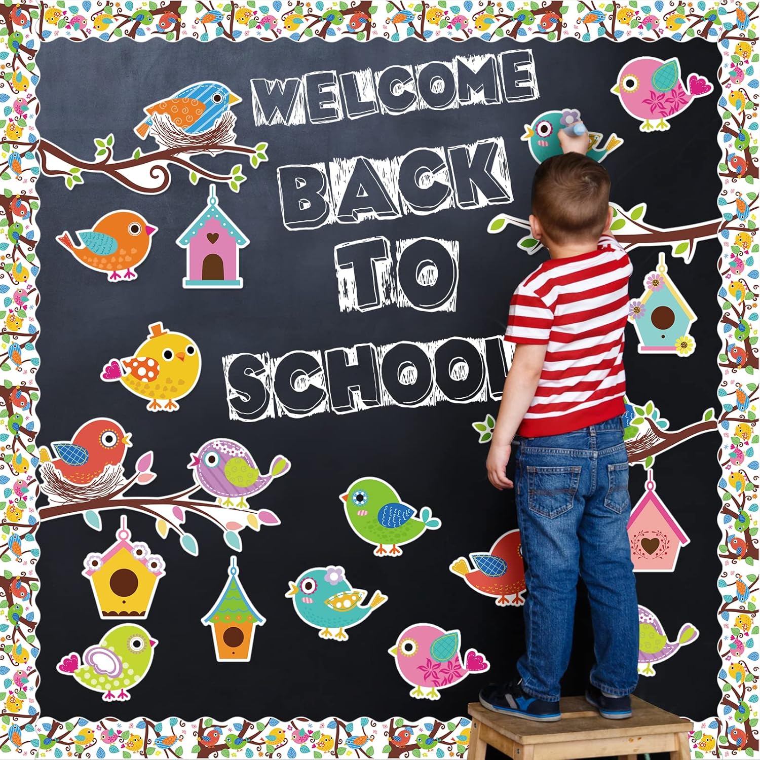 Whaline 56Pcs Birds Bulletin Board Decoration Boho Bird Nest Twigs Cutouts Back to School Colorful Cute Birds Cut-Outs with 100Pcs Glue Points for School Classroom DIY Projects Wall Art Supplies