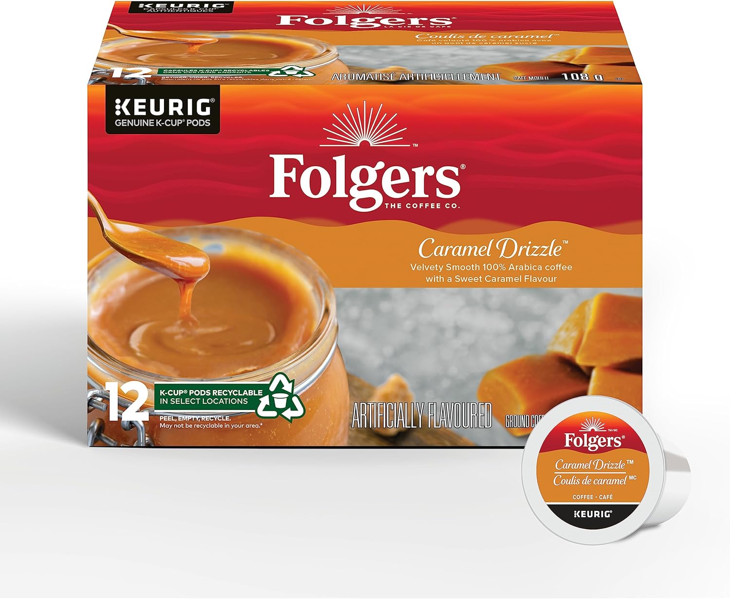 Folgers Caramel Drizzle Flavoured Coffee, SingleServe KCup Pods For