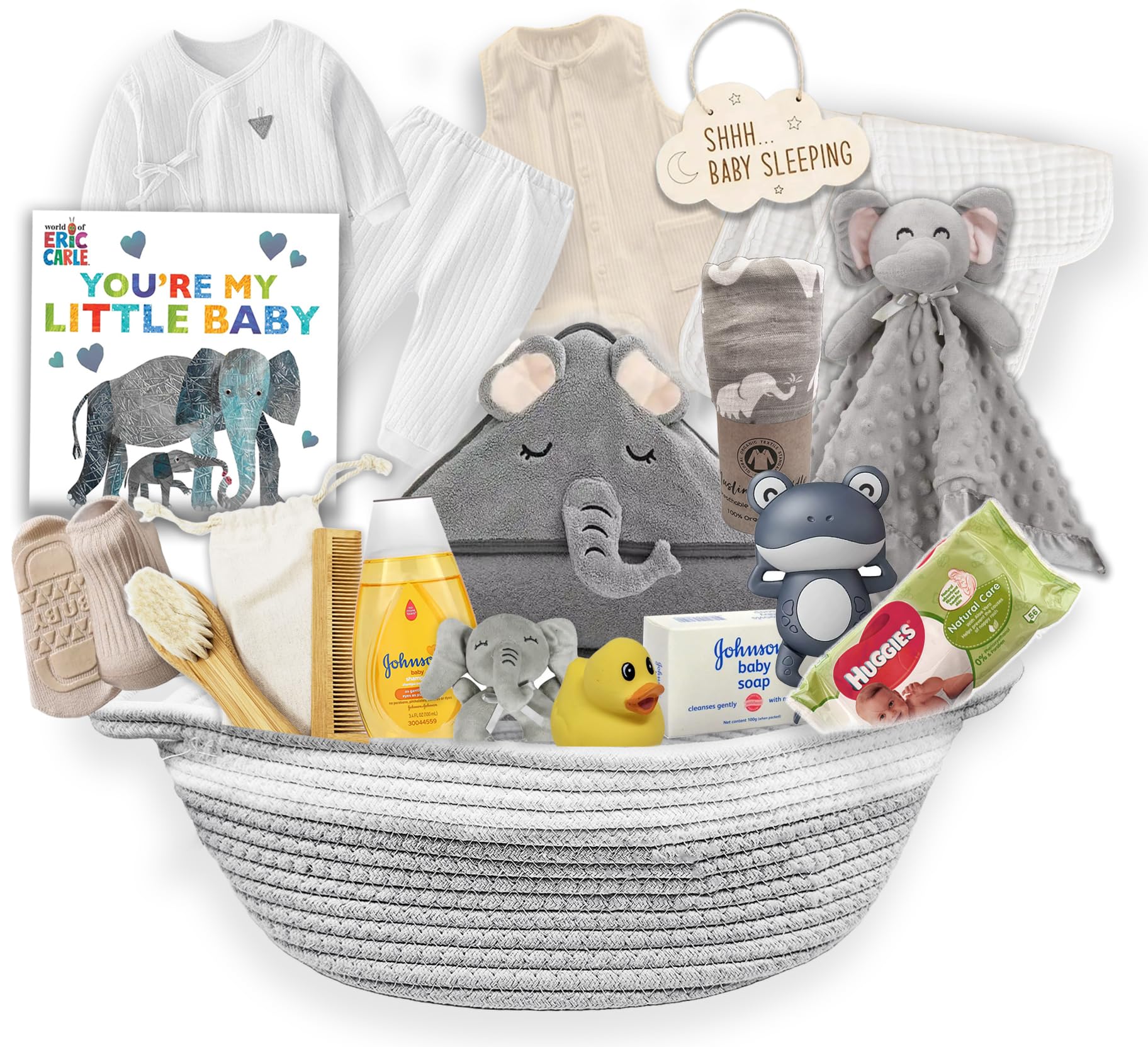 Canasta de regalo para bebé niño niña, 20 artículos para una nueva mamá, juego de regalo de elefante para bebé, paquete de cuidado de bienvenida para bebé, todo con artículos esenciales para recién nacidos, para futuras mamás, baby shower, después del parto, unisex