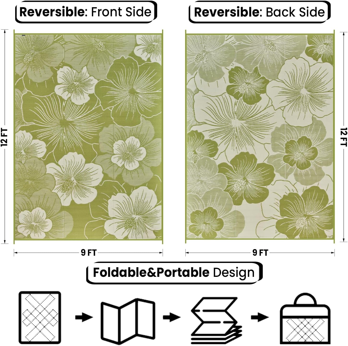 Outdoor Rug for Patio Clearance, 9x12 Ft Waterproof Mat, Reversible Plastic Straw Camping Rugs, Outdoor Indoor RV Mat Carpet for Porch, Deck, Camper, Balcony, Backyard, Moss/Low Beige