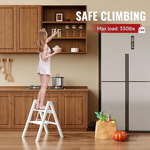 Miniatura 3 de GameGem Escalera de 2 escalones, taburete plegable de aluminio de 2 escalones con pedal antideslizante resistente y ancho, escalera de mano ligera y