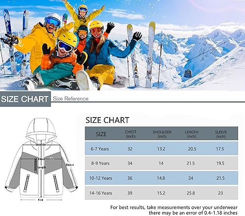 Miniatura 6 de SMONTY Chaqueta de esquí para niños, abrigo con capucha para nieve, chaqueta cálida de invierno, rompevientos, para snowboard, con capucha