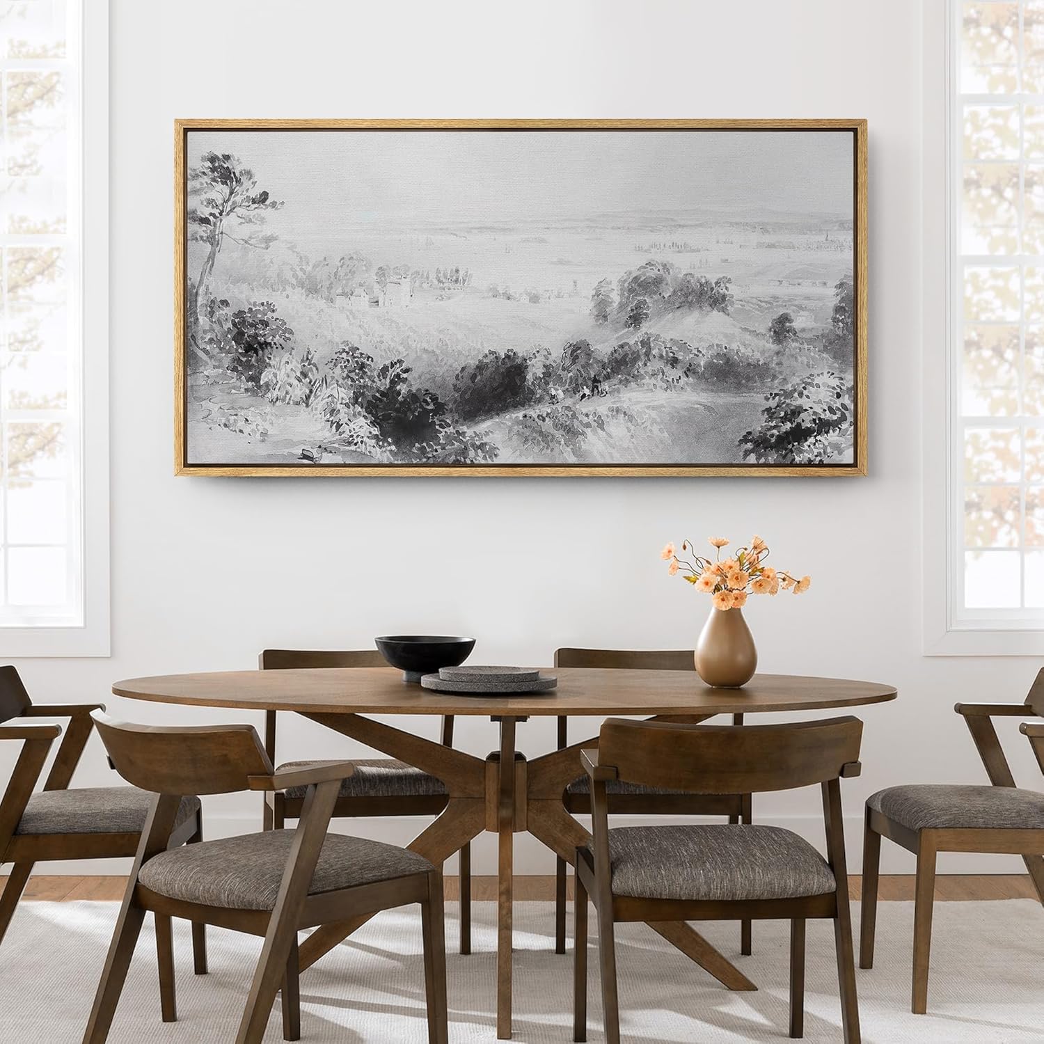 SIGNFORD Extra Large Framed Canvas Print Wall Art Enigmatic Vale Grayscale Landscape Illustrations Modern Art Calm Warm for Living Room, Bedroom, Office - 60"x30"