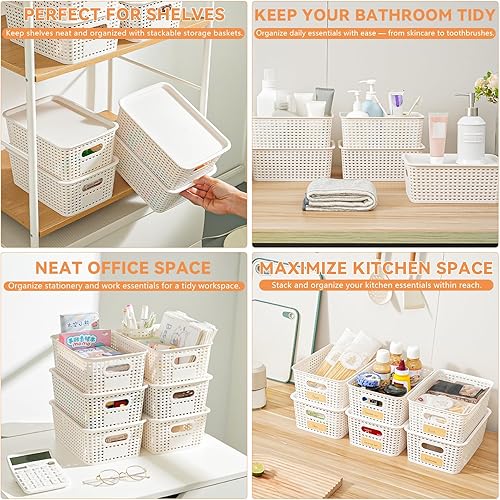 Miniatura 7 de Cestas de almacenamiento de plástico con tapas, paquete de 10 contenedores de almacenamiento apilables con asas lisas, contenedores organizadores de