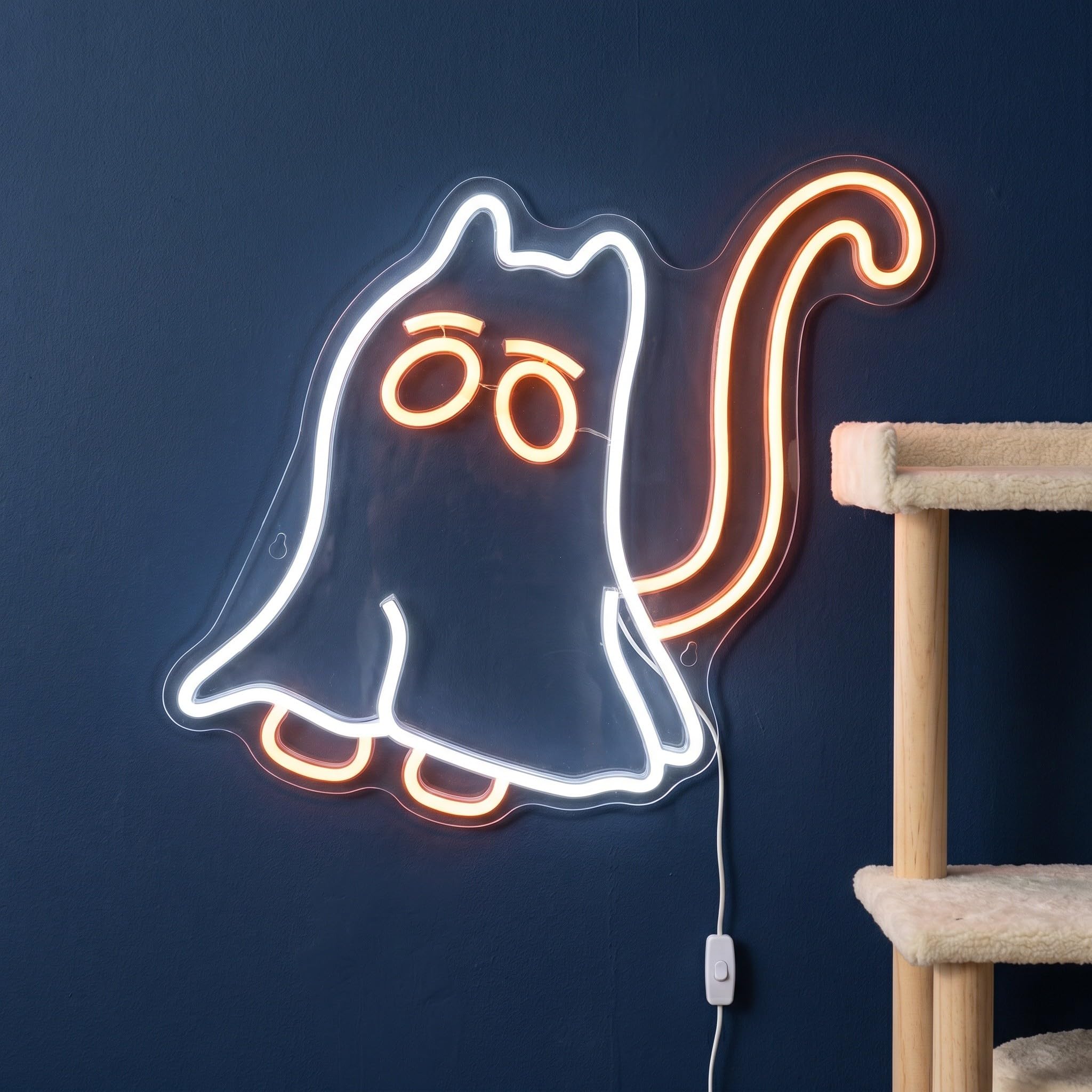 Operitacx Enseigne lumineuse néon chat fantôme - Adorable néon LED d'Halloween - Lampe fantôme alimentée par USB pour décoration murale de chambre, fenêtre, décor de club et de fête -