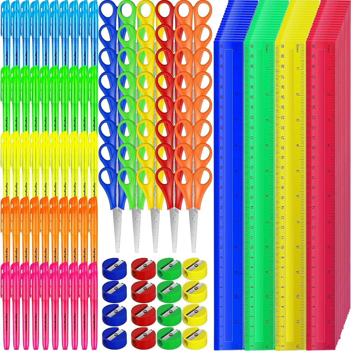 200 Pcs Back to School Supplies Kit Include 50 Student Scissors 50 12 Inch Plastic Rulers 50 Pencil Sharpeners 50 Highlighters for School Classroom Home Charity Donation Supplies (200)