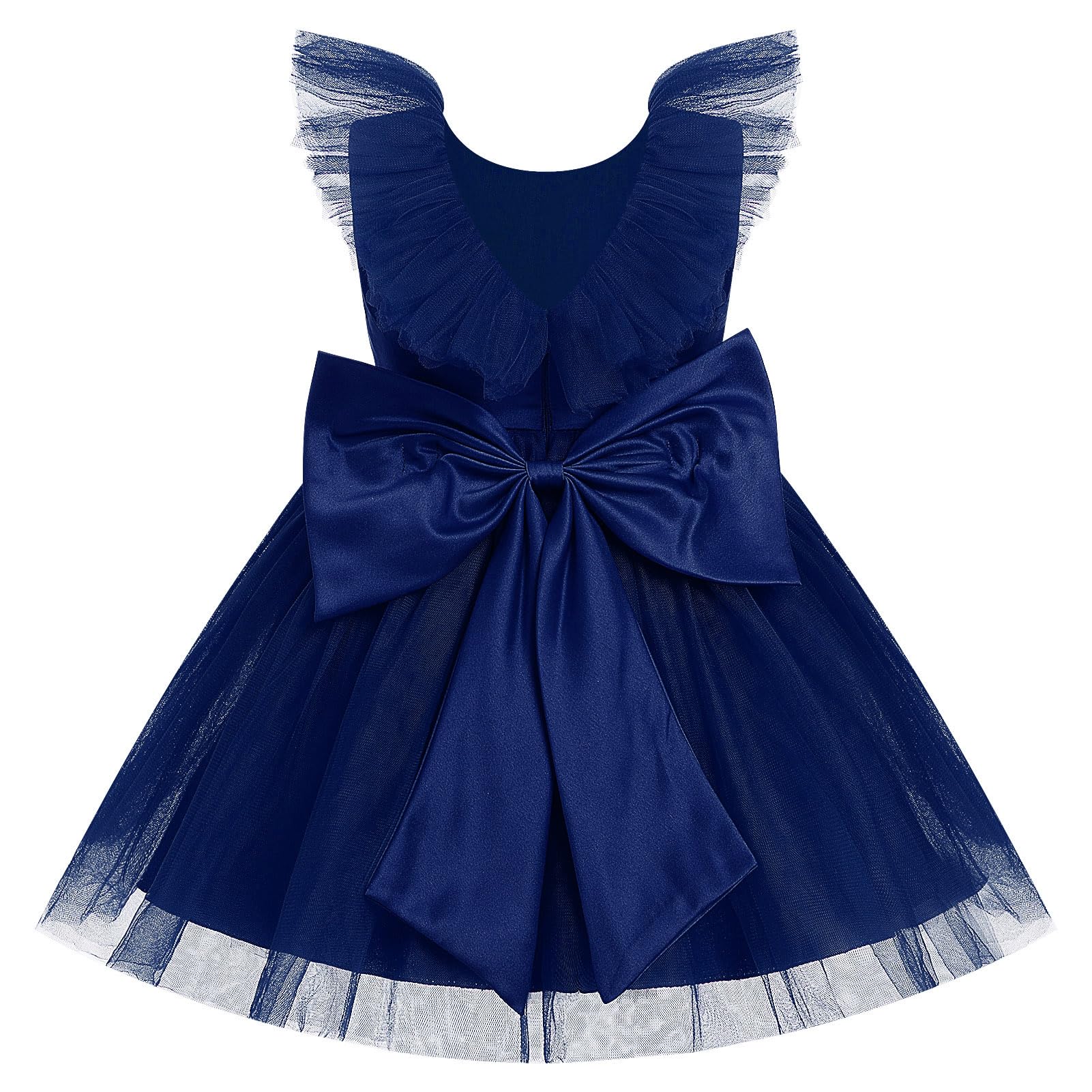 OBEEII Toddler Girls Pageant Dress Wedding Flower Girl Prom Party Tulle Tutu Dress Flutter Sleeve Floral Lace Baptism Photoshoot Outfit Christening First Communion Ball Gown Navy Blue 2-3 Years