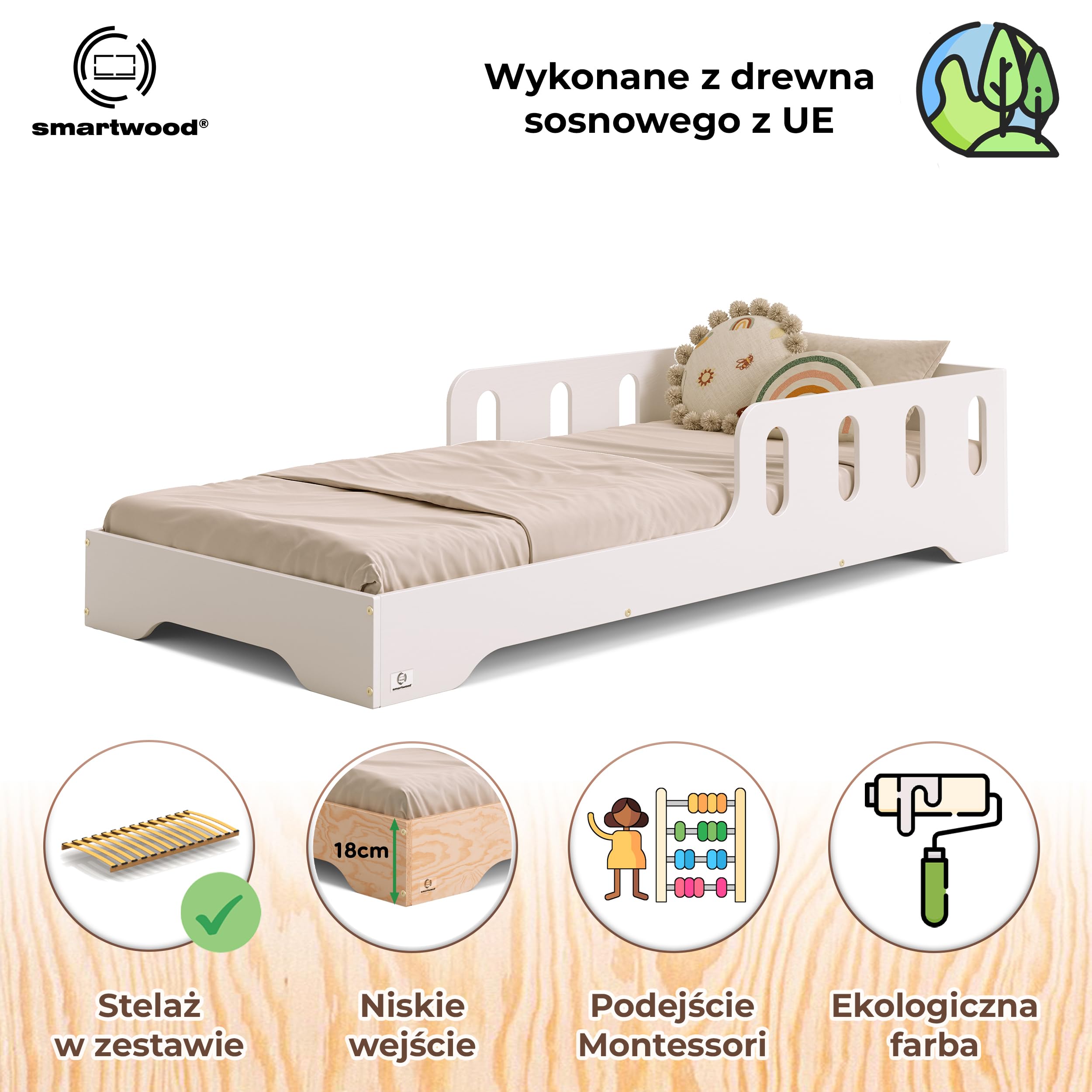 smartwood Łóżko dziecięce 90x200 z barierką, Drewno, Biały, TILA 6 | Łóżko dziecięce Montessori, stelaż do 230 kg, certyfikat FSC, zaokrąglone krawędzie, łatwy montaż, od 3 lat, 93x203x40 cm