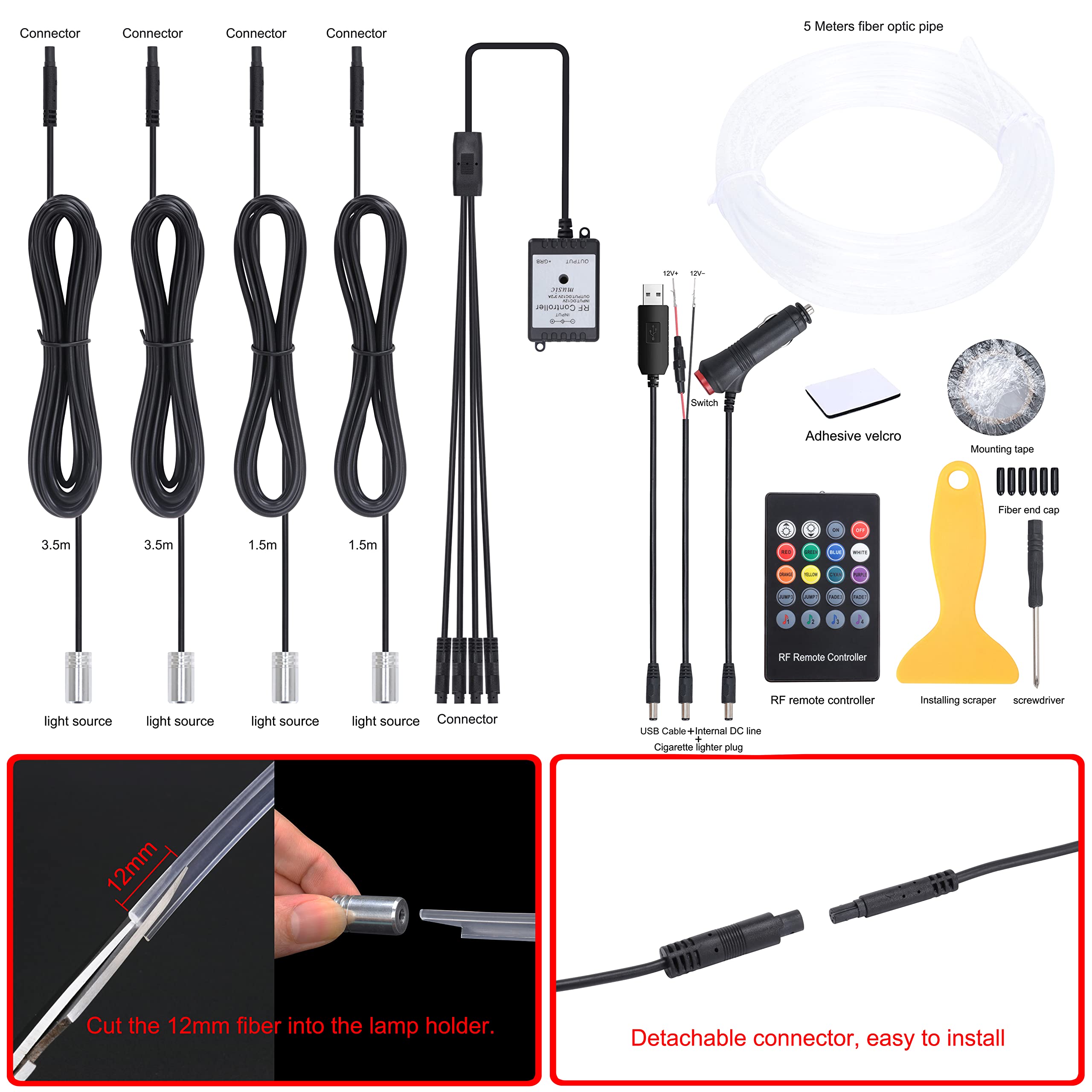 5 Meter Glasfaser Auto Ambientebeleuchtung mit RF-Fernbedienung 8 Farben Mehrfarbig Musik Innenbeleuchtung Kit DC 12V 1W